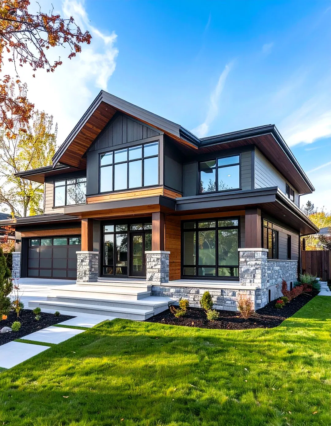 Contemporary Split-Level Home with Sage Green Siding and Brown Trim
