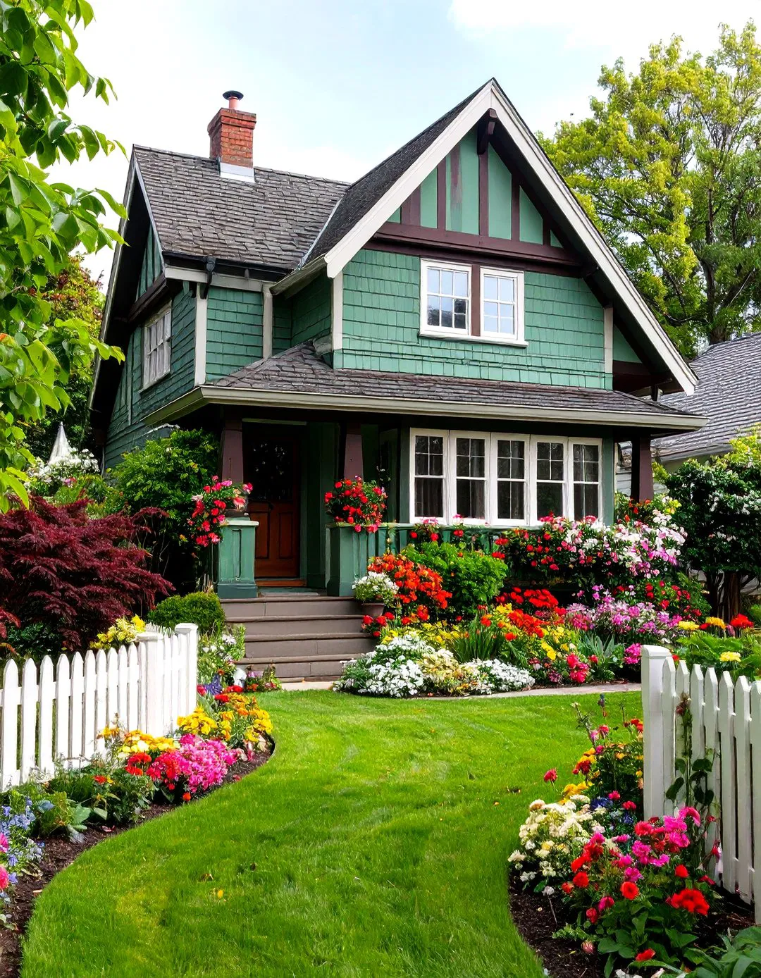 Tudor Revival Home with Sage Green Walls and Brown Timber Framing