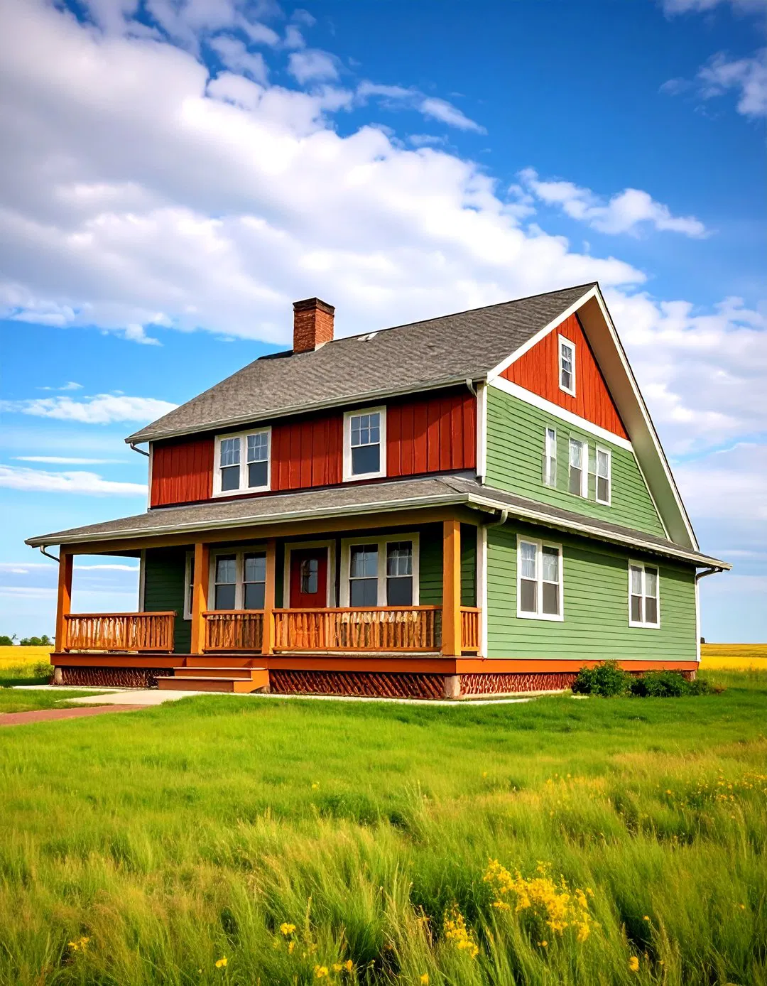 Prairie Style Home with Sage Green Lap Siding and Brown Trim