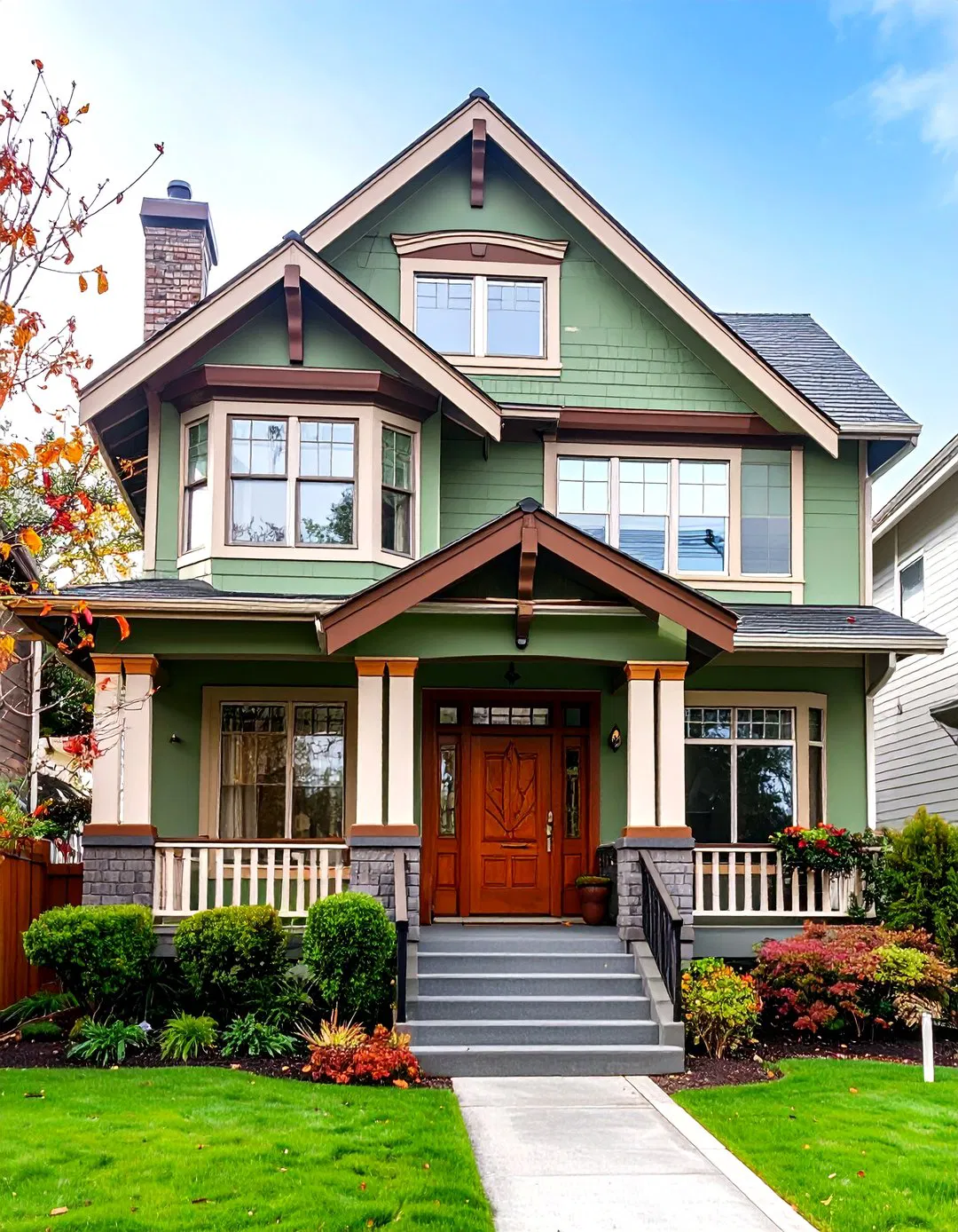 Art Deco Home with Sage Green Walls and Brown Trim