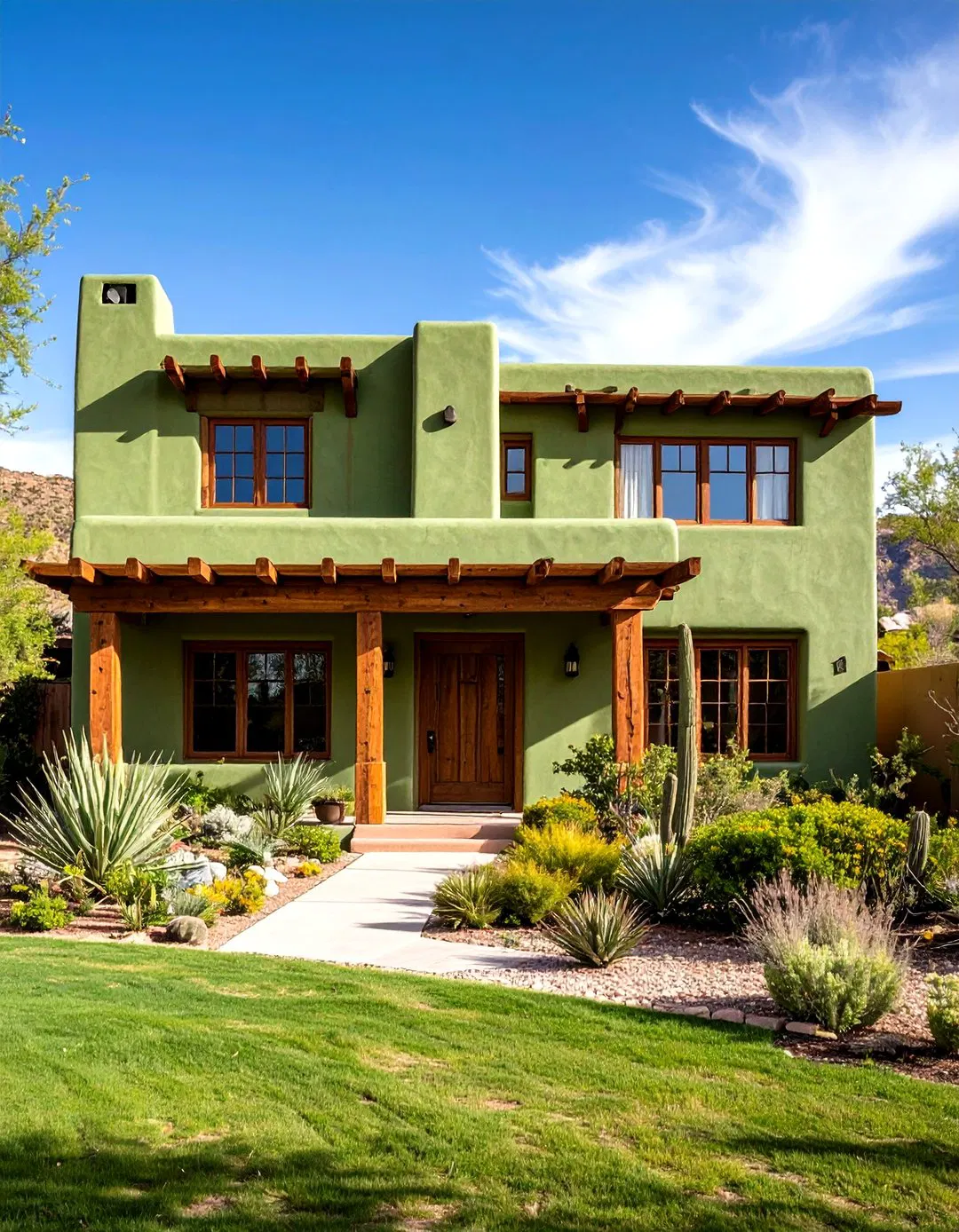 Pueblo Adobe Revival Home with Sage Green Walls and Brown Trim
