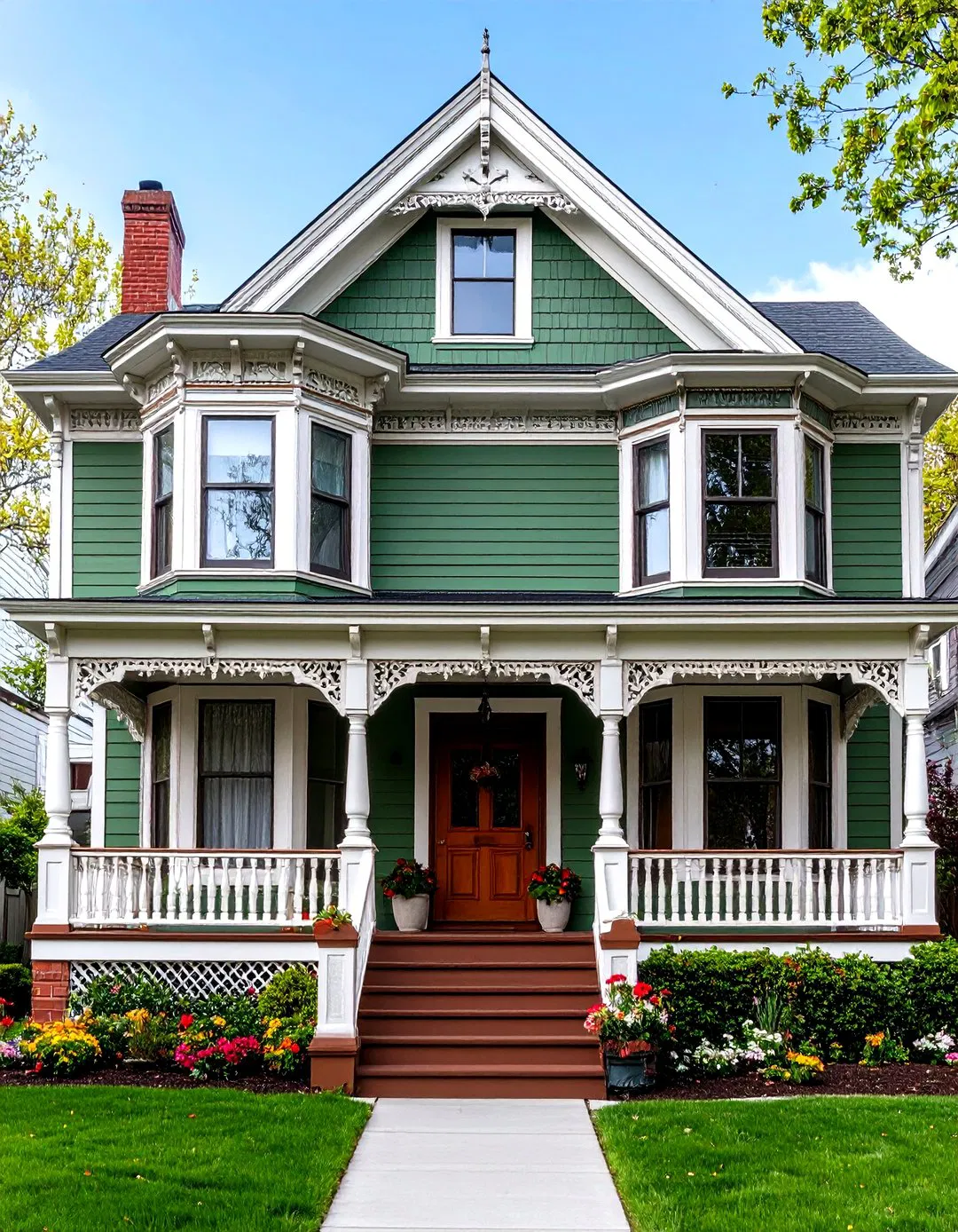 Queen Anne Victorian Home with Sage Green Siding and Brown Trim