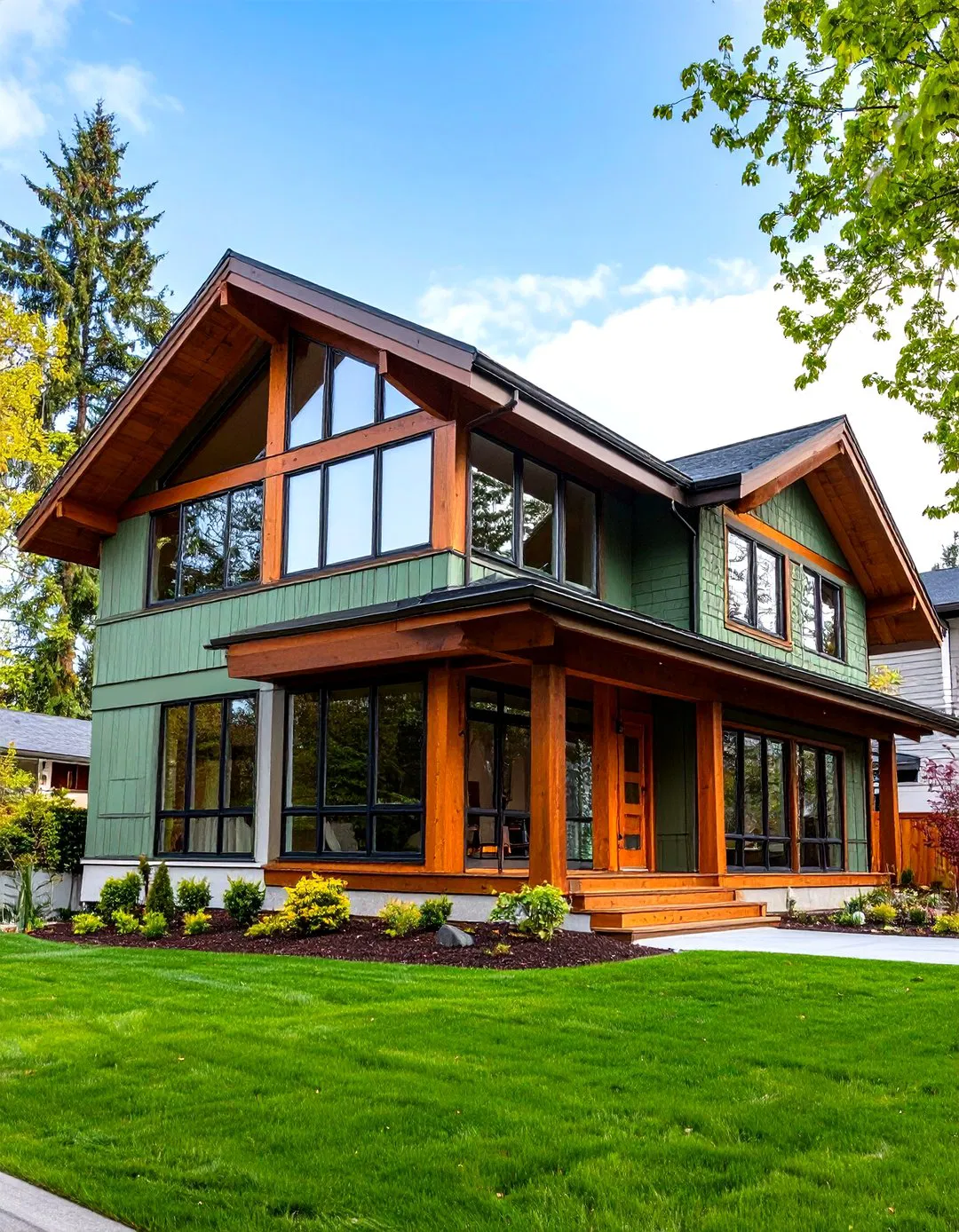 Mid-Century Modern Home with Sage Green Siding and Brown Trim