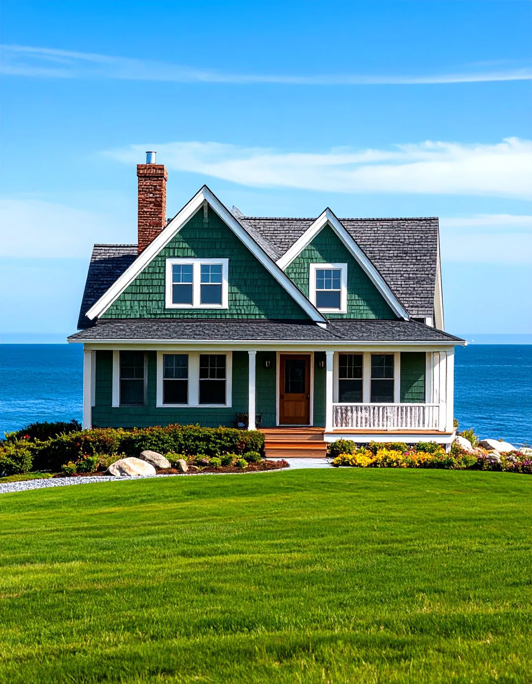Shingle Style Coastal Home with Sage Green Siding and Brown Trim