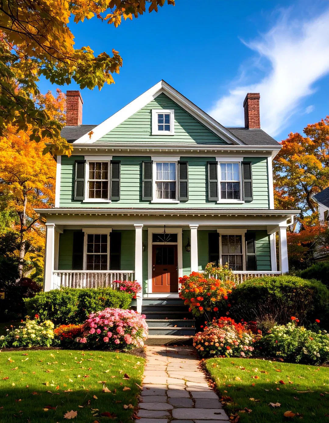 Federal Style Home with Sage Green Clapboard and Brown Trim