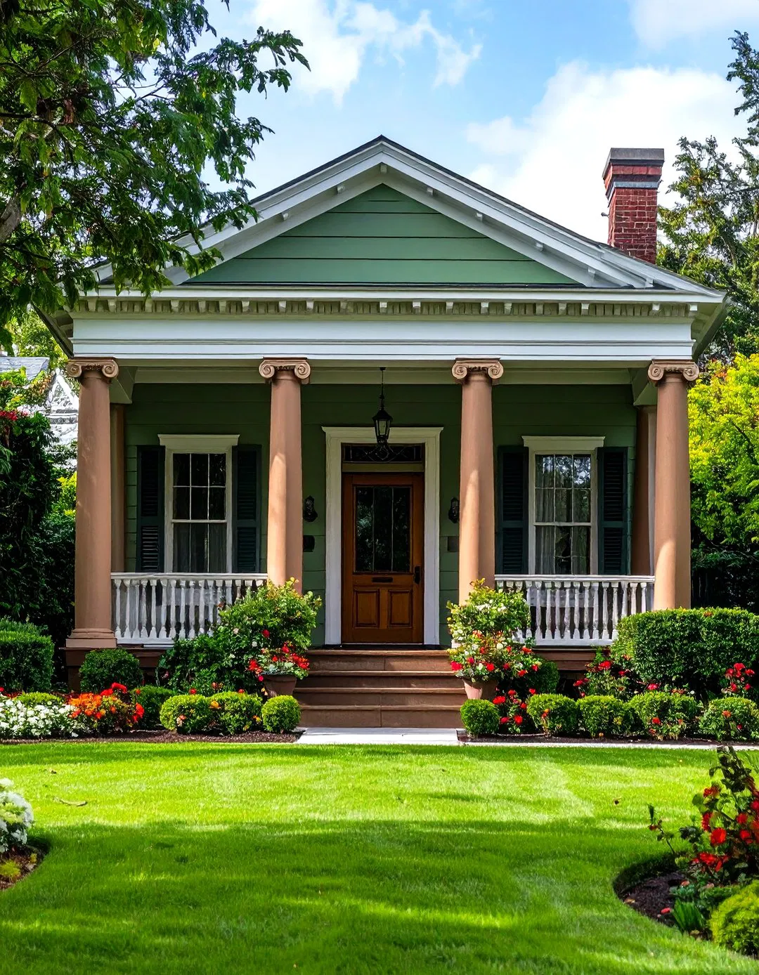 Greek Revival Home with Sage Green Siding and Brown Trim