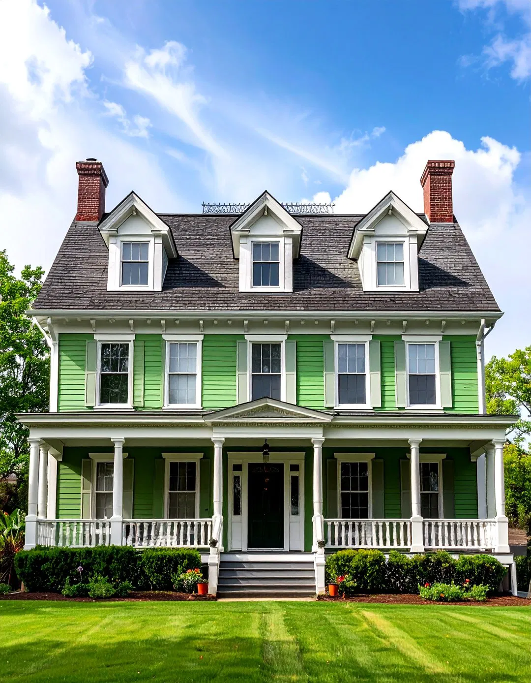 Second Empire Home with Sage Green Siding and Brown Mansard Roof