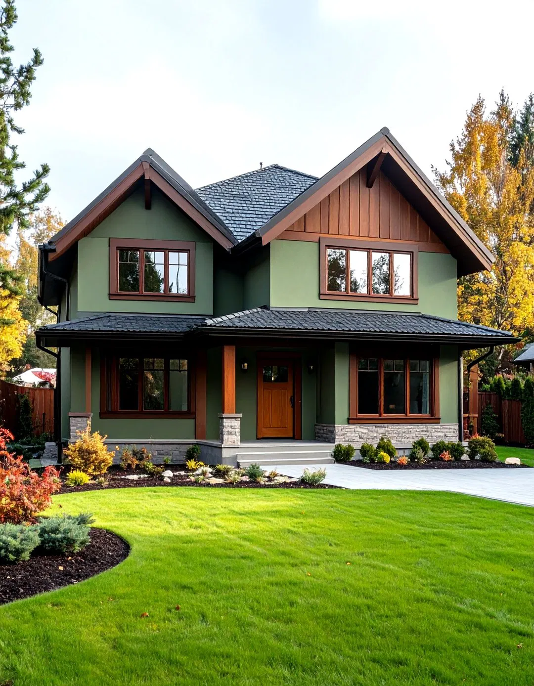 International Style Home with Sage Green Stucco and Brown Accents