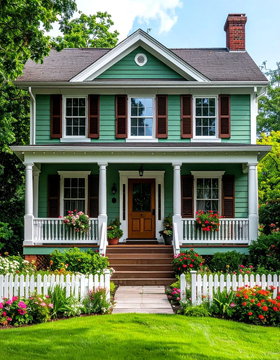 Colonial Revival Home with Sage Green Siding and Brown Trim