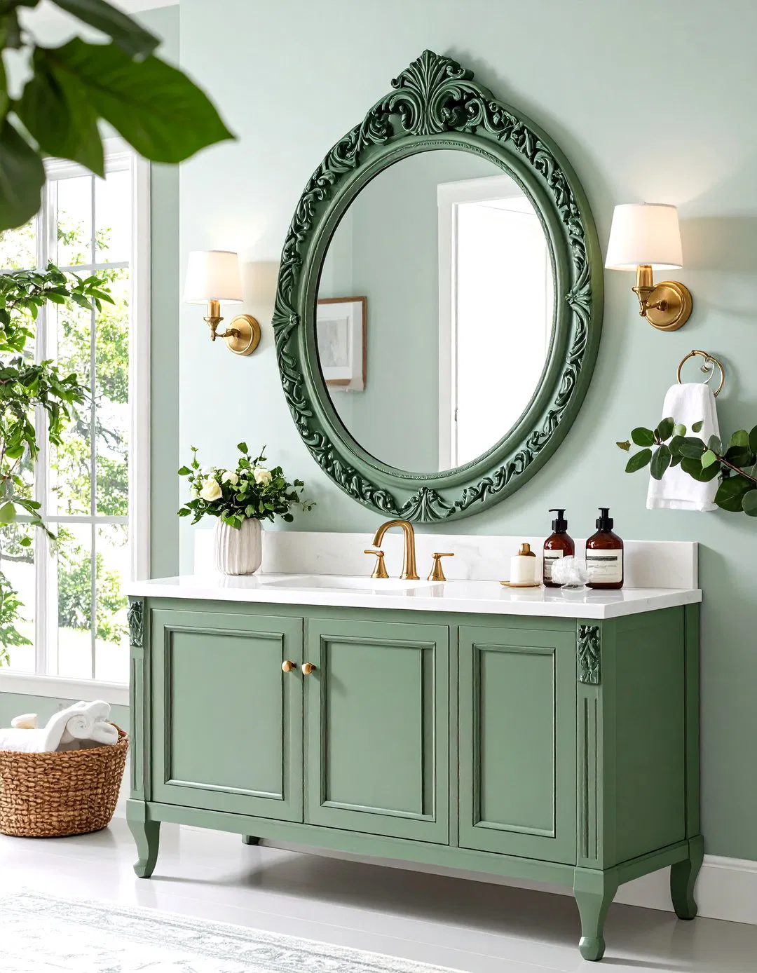 Sage Green Mirror Frame Accents - 24 Sage Green Bathroom Ideas