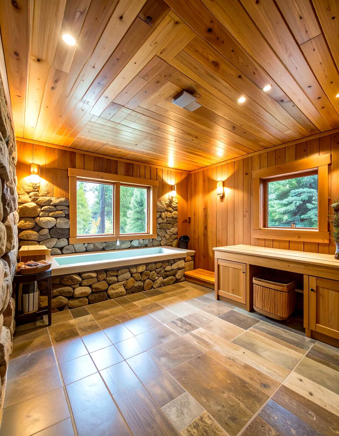 Basement Conversion Sauna with Stone Accents
