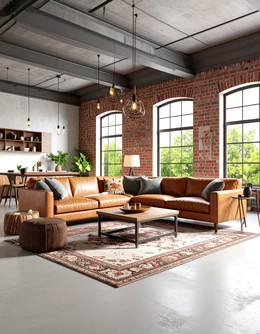 Industrial Loft Style Meets Rustic Warmth - Rustic Concrete Floor Living Room Ideas
