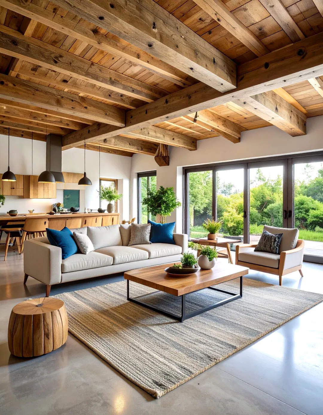 Warmth from Exposed Wood Beams - Rustic Concrete Floor Living Room Ideas