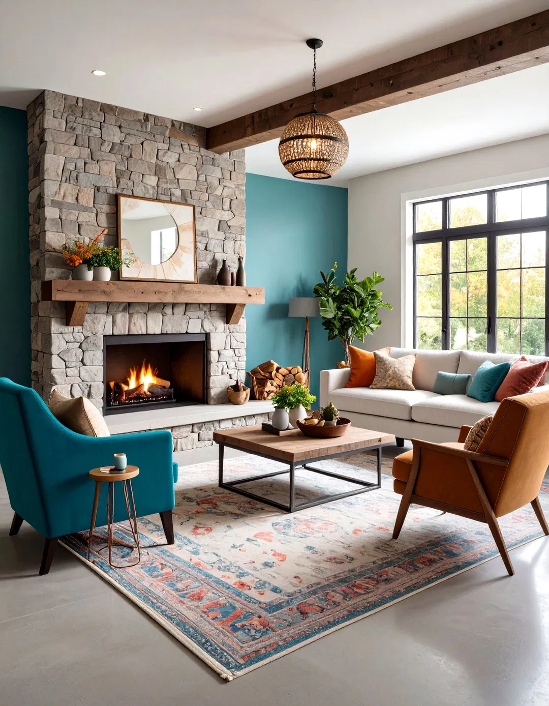 Stone Fireplace as Rustic Centerpiece - Rustic Concrete Floor Living Room Ideas