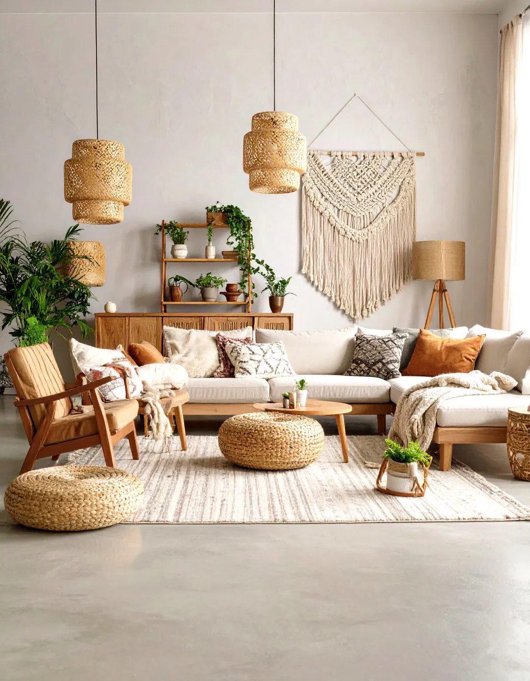 Earthy Bohemian Retreat on Concrete - Rustic Concrete Floor Living Room Ideas