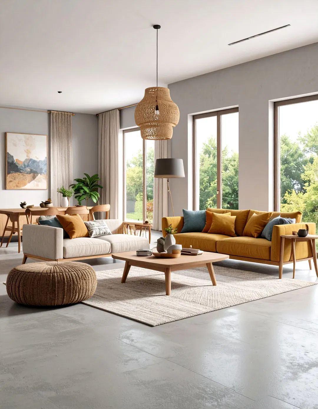 Harmonizing Gray Concrete with Rustic Hues - Rustic Concrete Floor Living Room Ideas