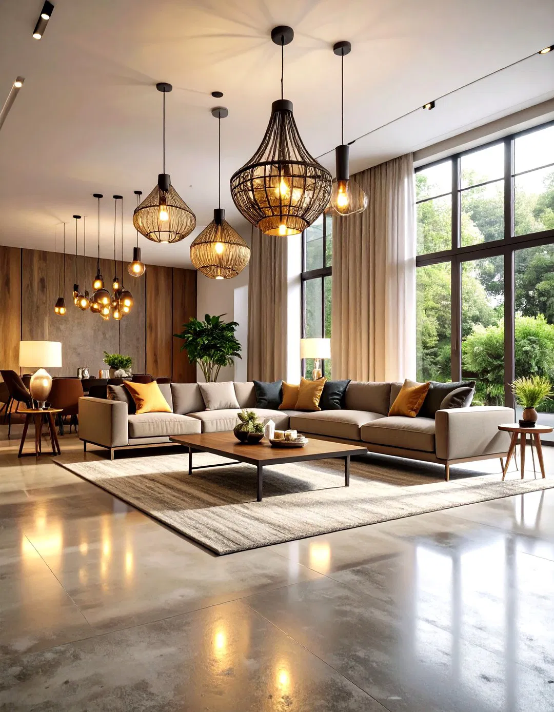 Layered Lighting to Warm Concrete Spaces - Rustic Concrete Floor Living Room Ideas