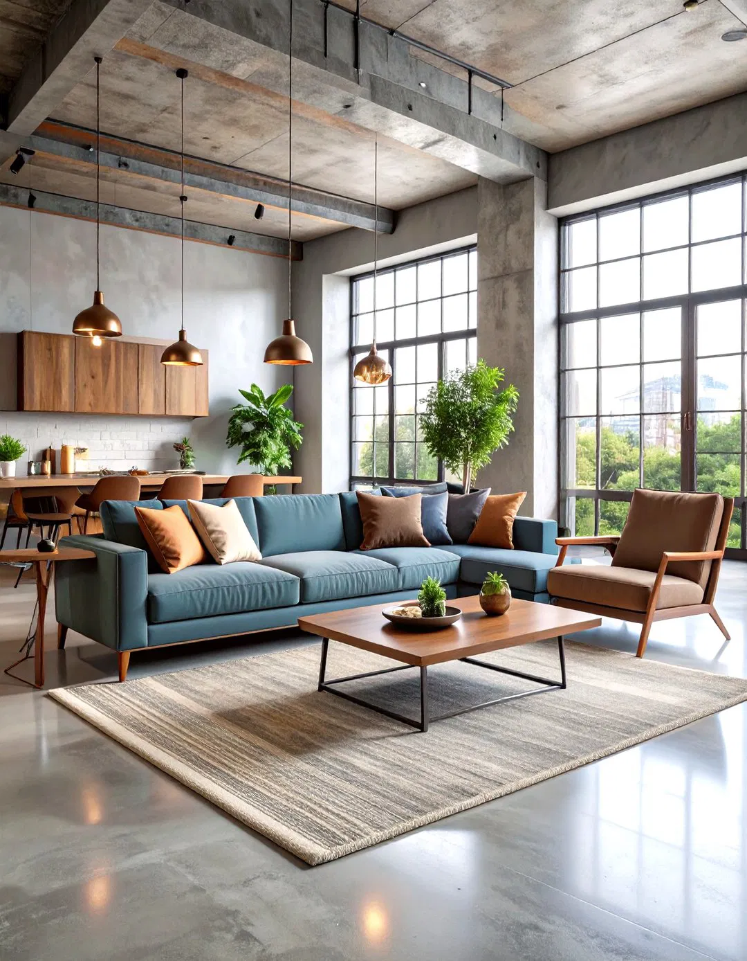 Metal Accents Complementing Concrete - Rustic Concrete Floor Living Room Ideas
