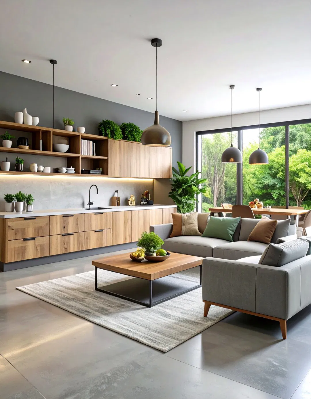 Built-In Storage Blending with Concrete - Rustic Concrete Floor Living Room Ideas