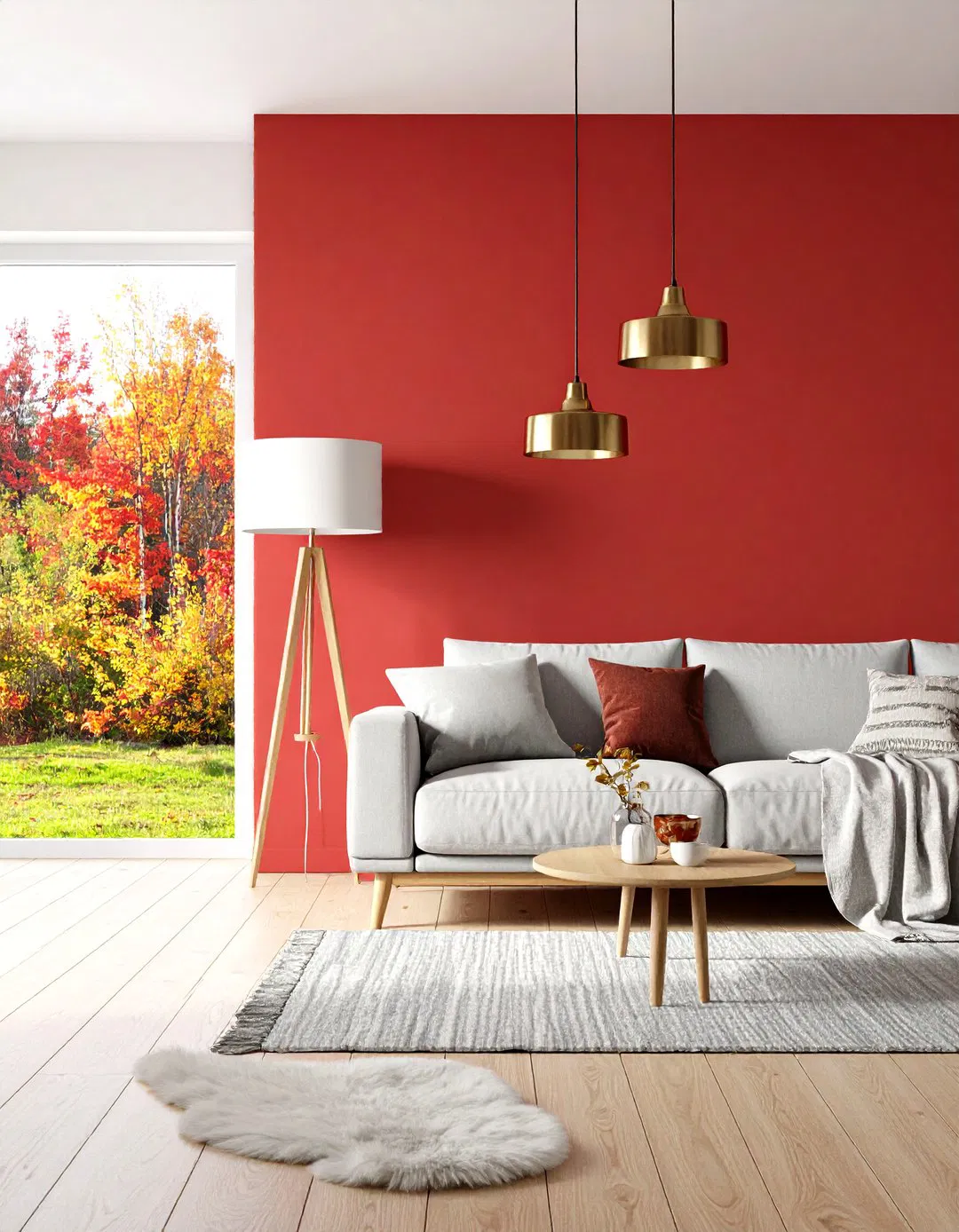 Cozy Scandinavian Retreat with Burgundy and Soft Grey