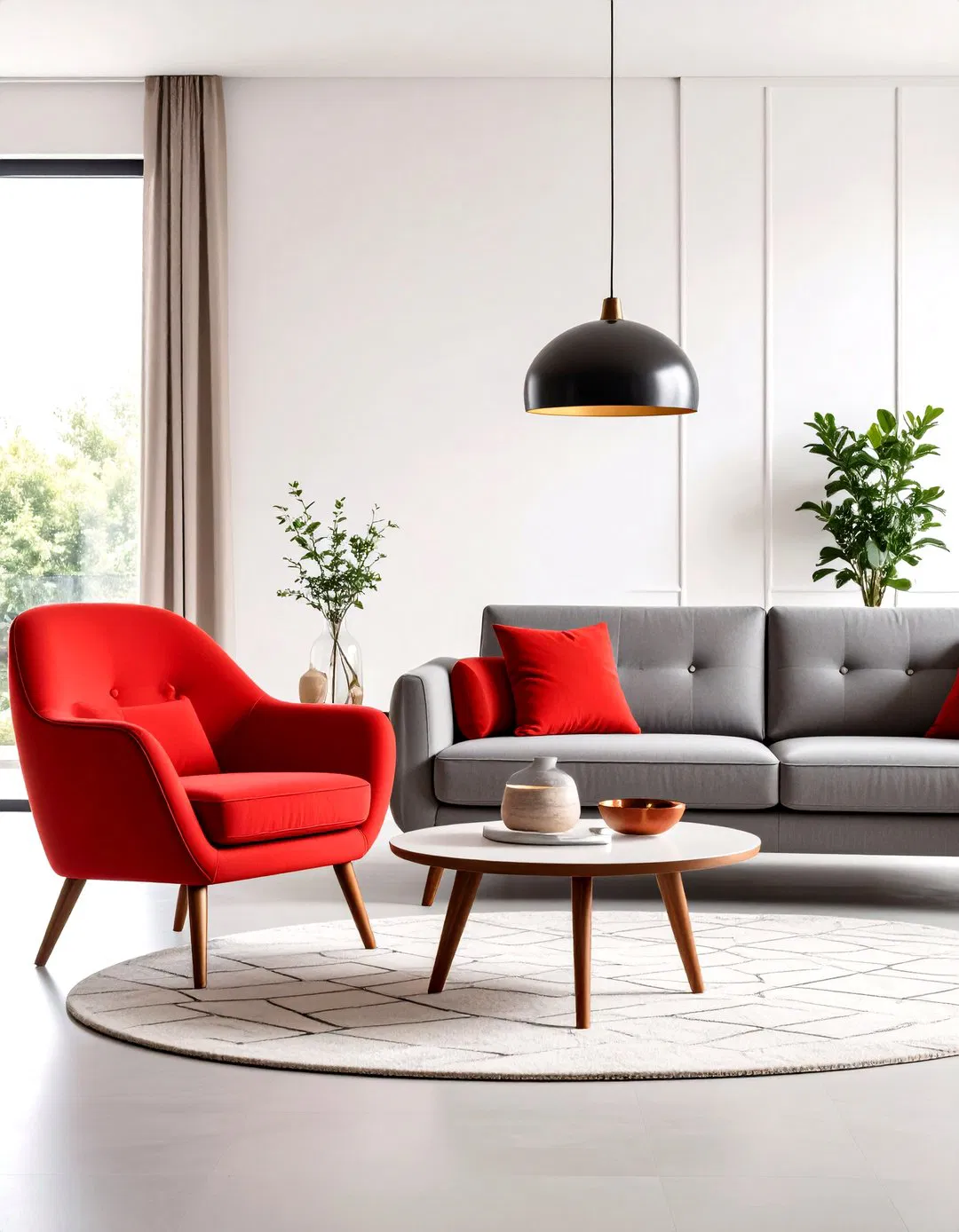 Mid-Century Modern Lounge with Red and Grey Accents