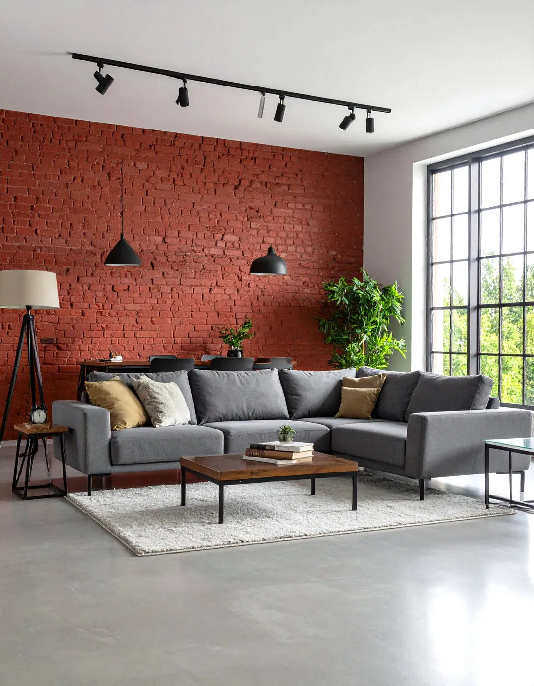 Modern Loft with Red Brick and Concrete Grey