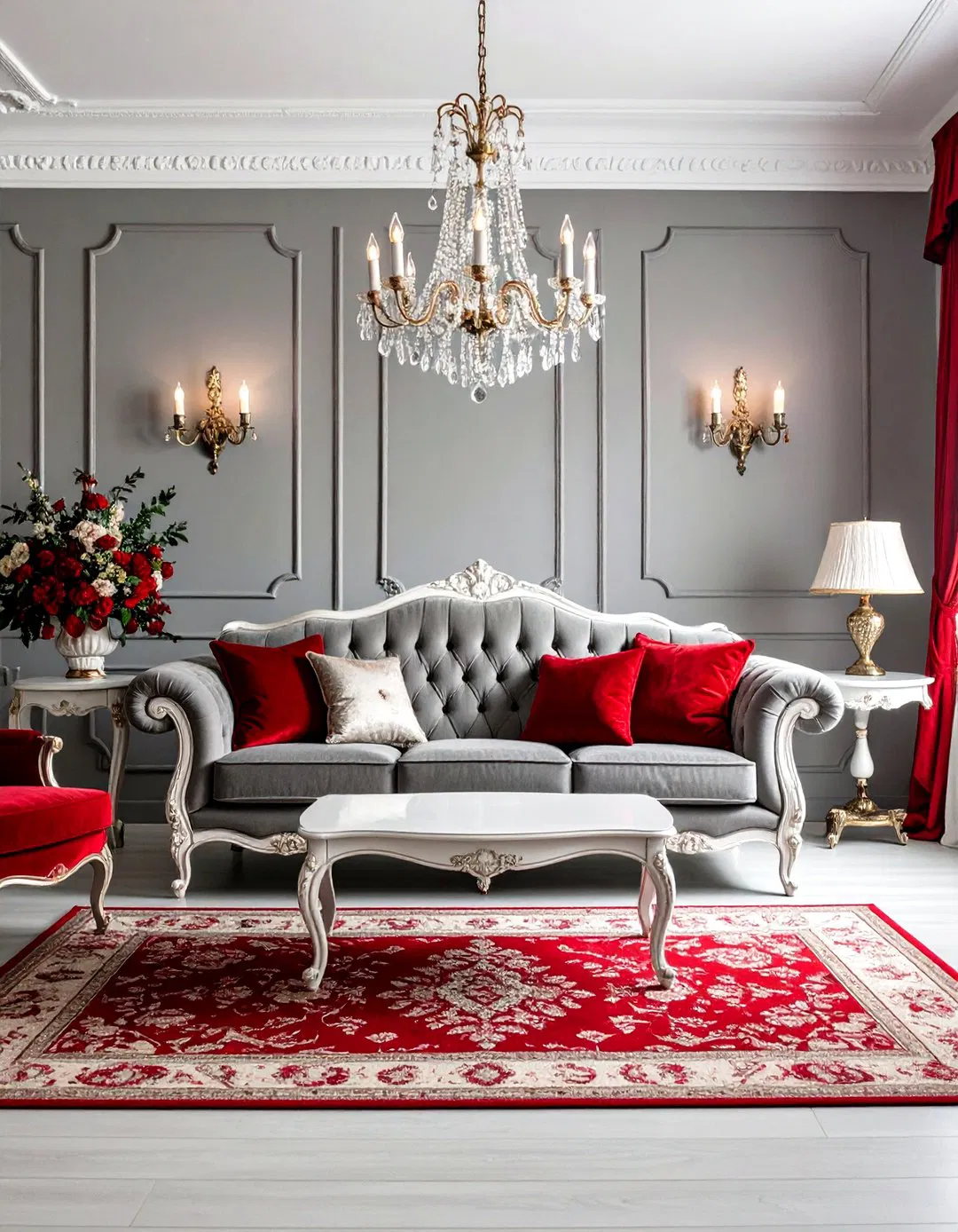 French Provincial Romance with Red Toile and Dove Grey