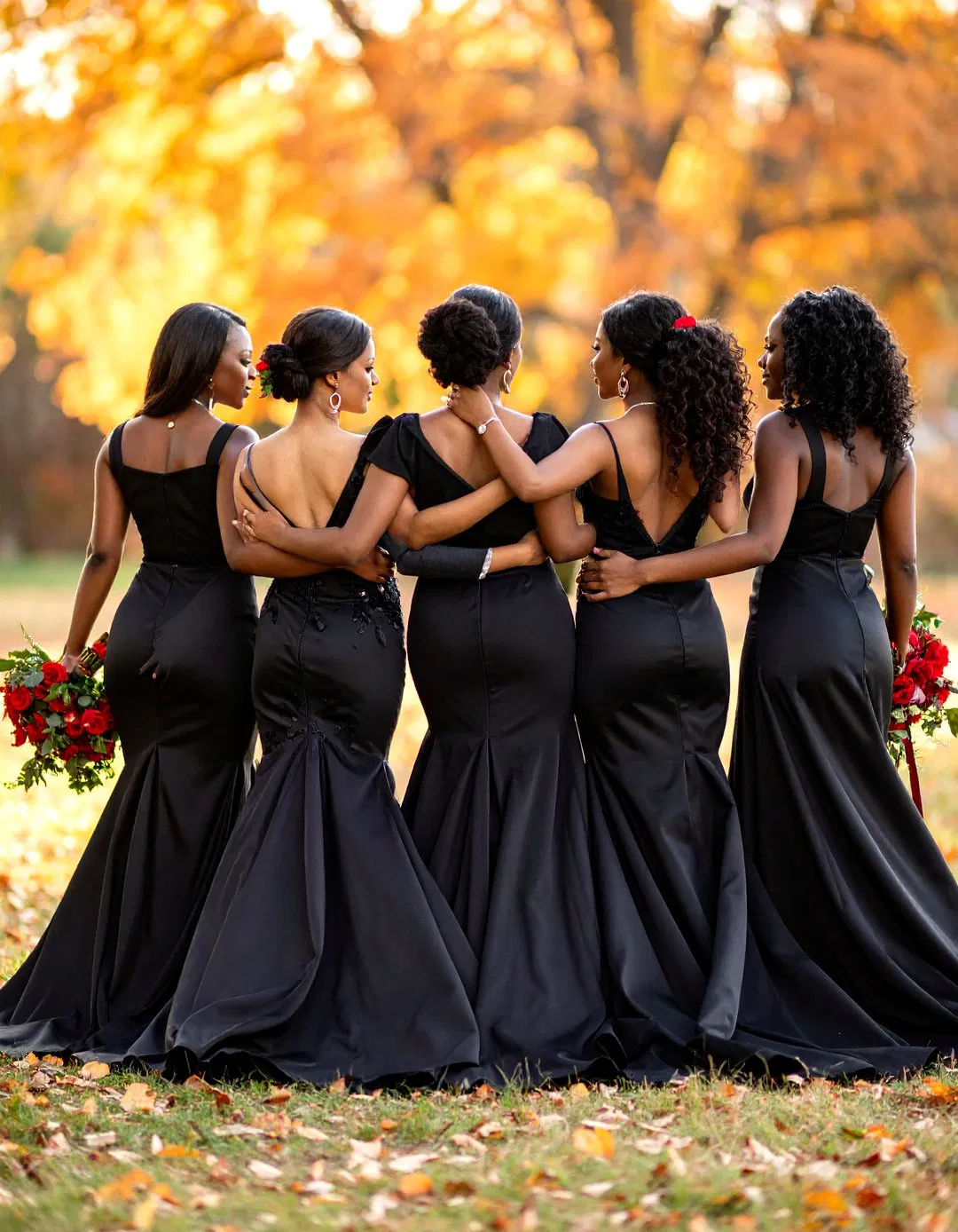 Black Bridesmaid Dresses with Red Accessories