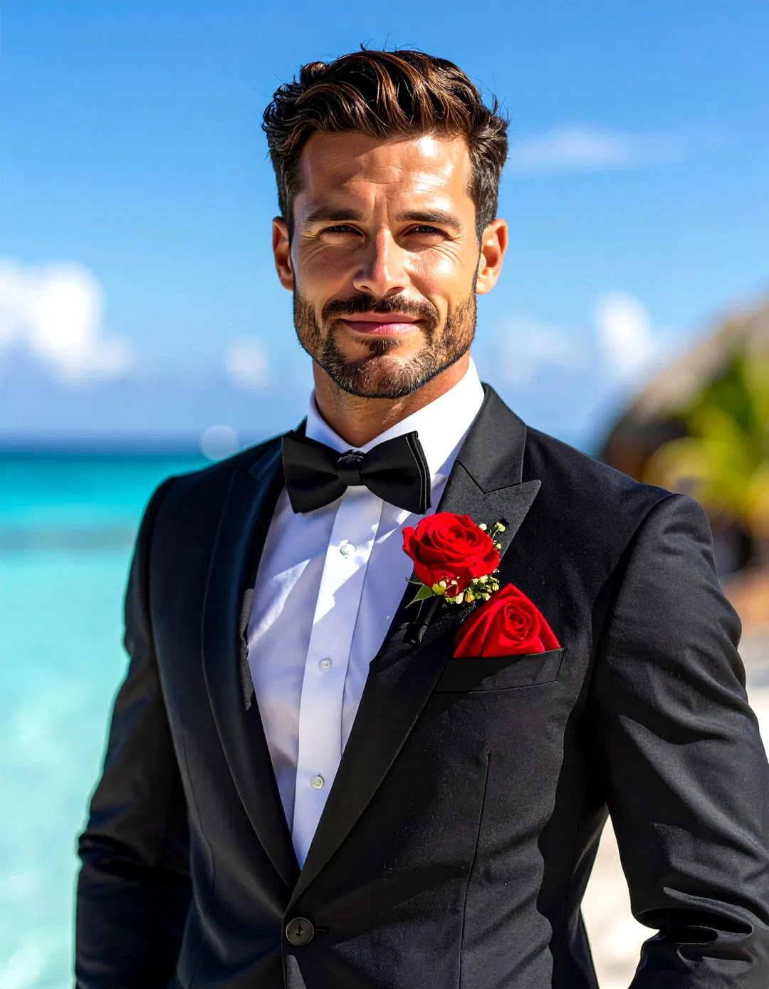 Groom in Black Tuxedo with Red Details