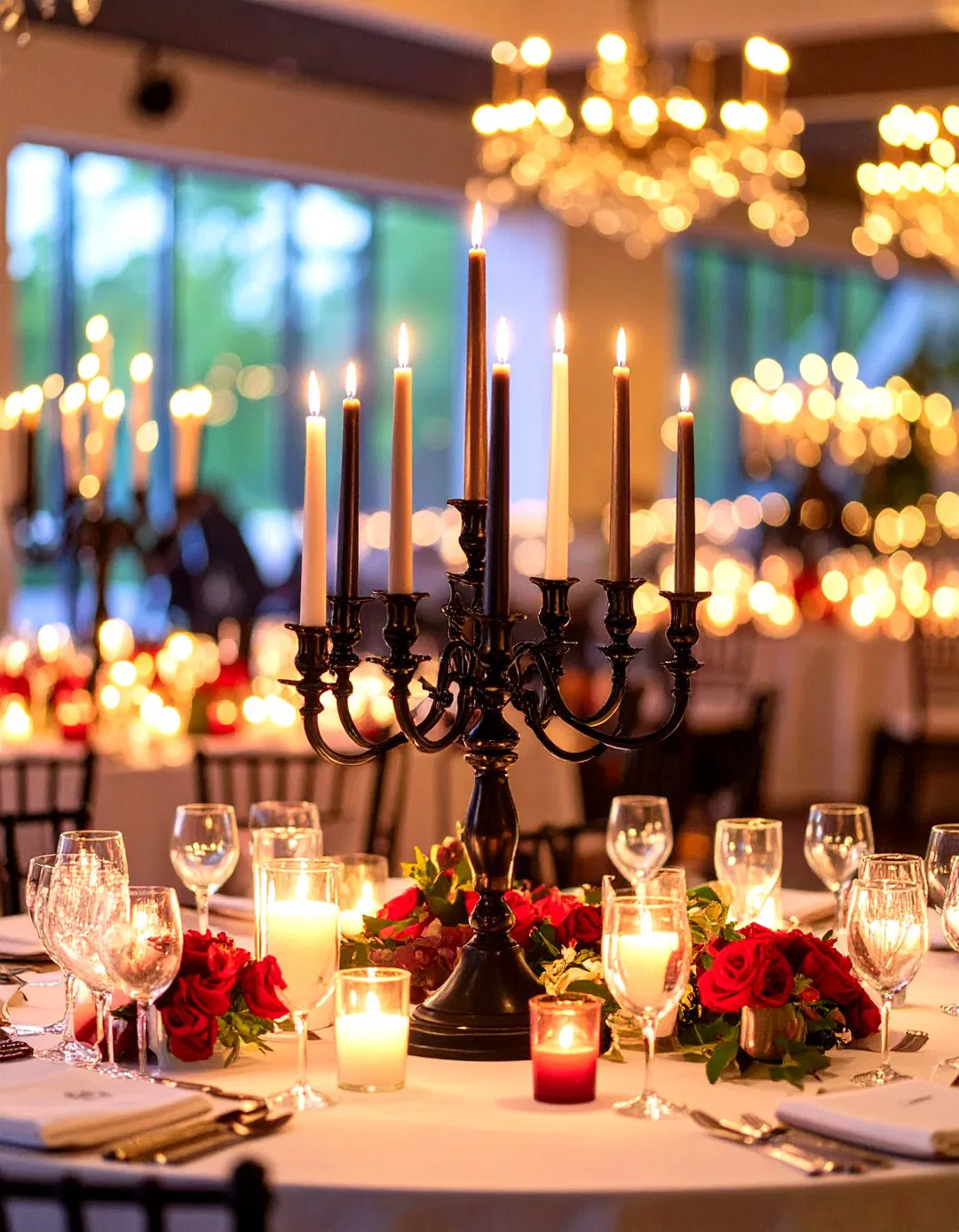 Candlelit Wedding Reception with Red and Black Decor