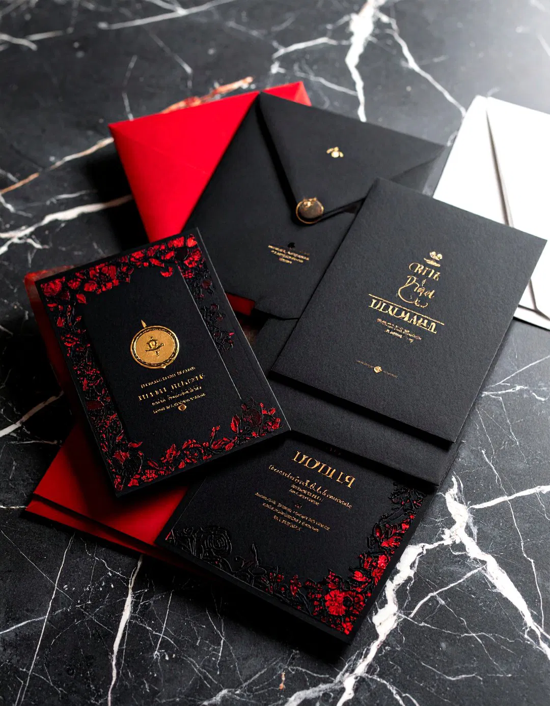 Black Lace Wedding Invitations with Red Accents