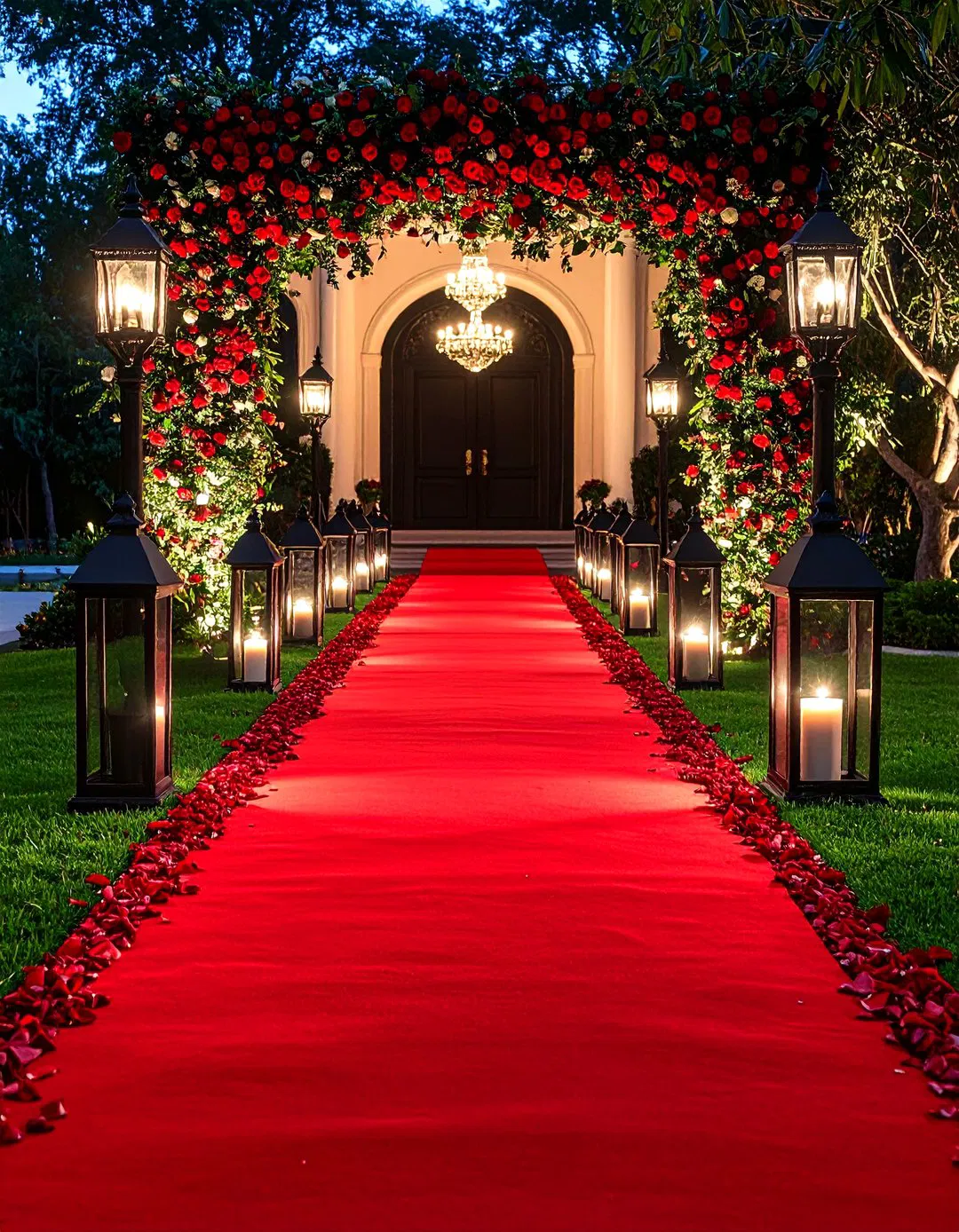 Red Carpet Wedding Entrance with Black and Red Flowers