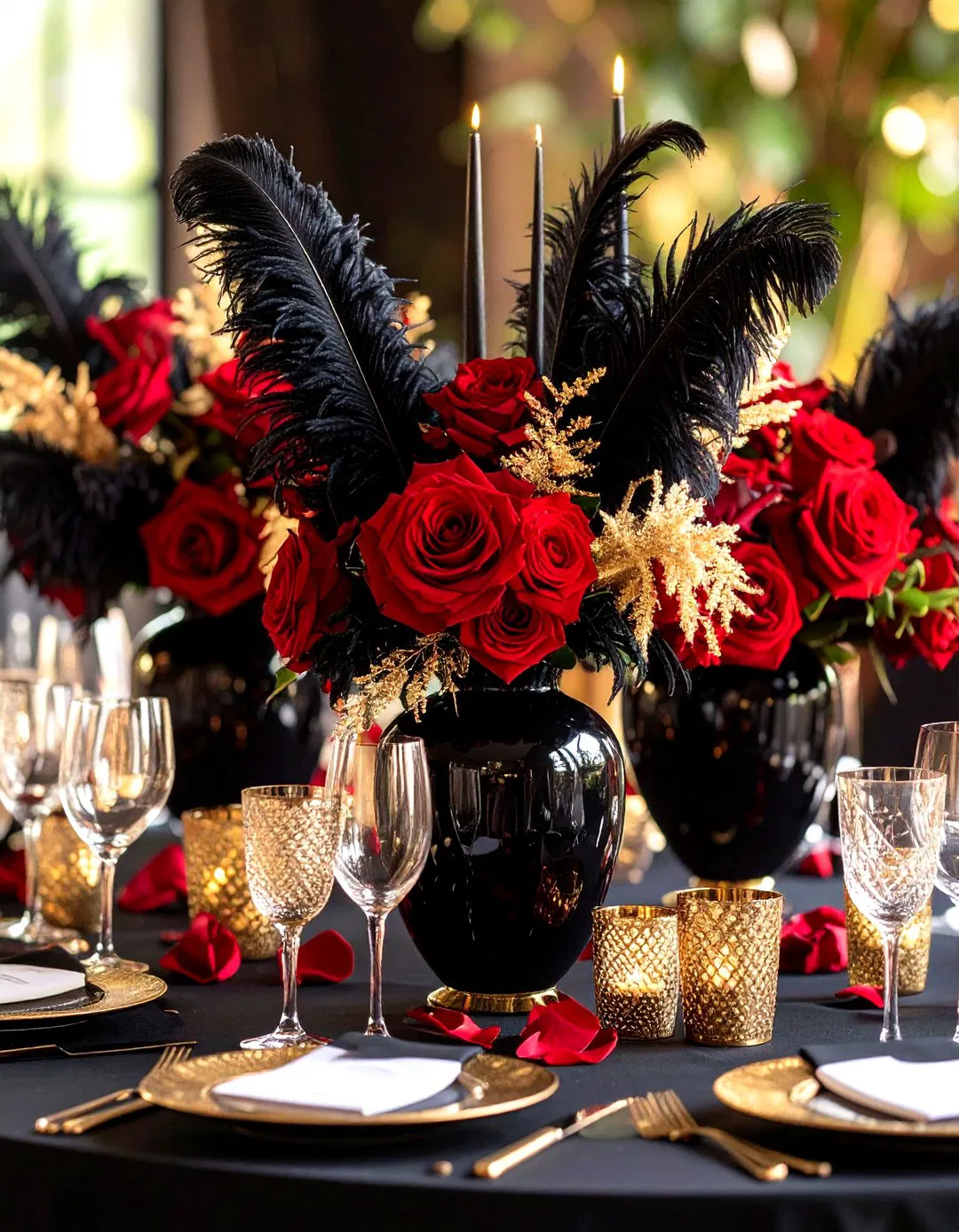 Black Feather Accents in Wedding Centerpieces