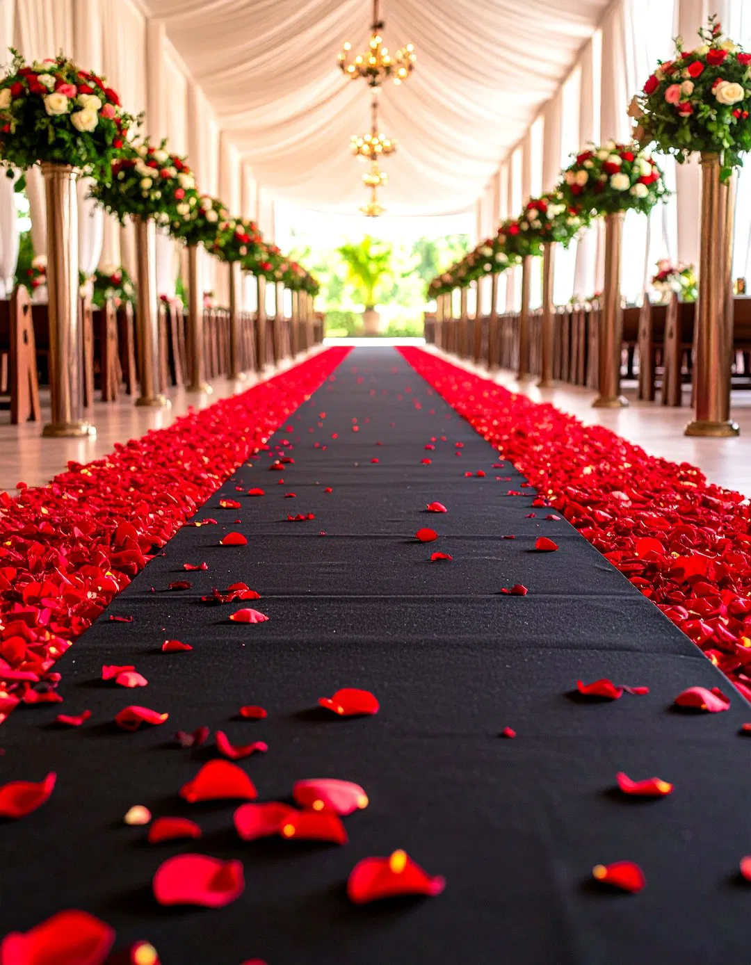 Red Rose Petal Aisle Runner on Black Fabric