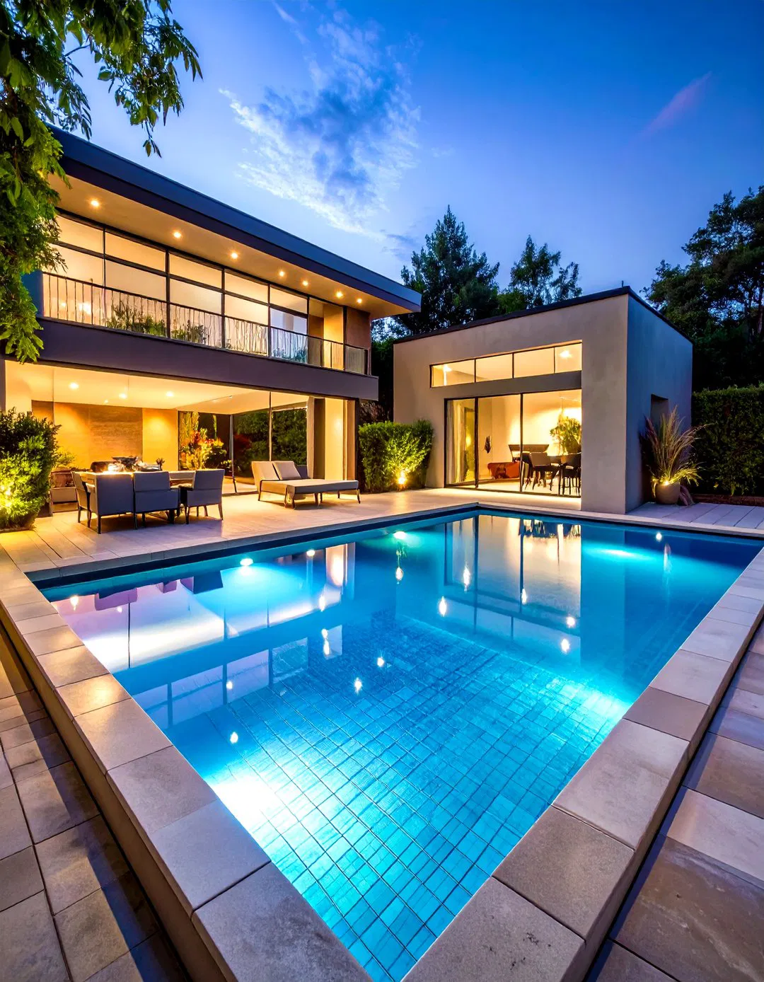 Glass Tile Accents in Rectangle Pool and Hot Tub
