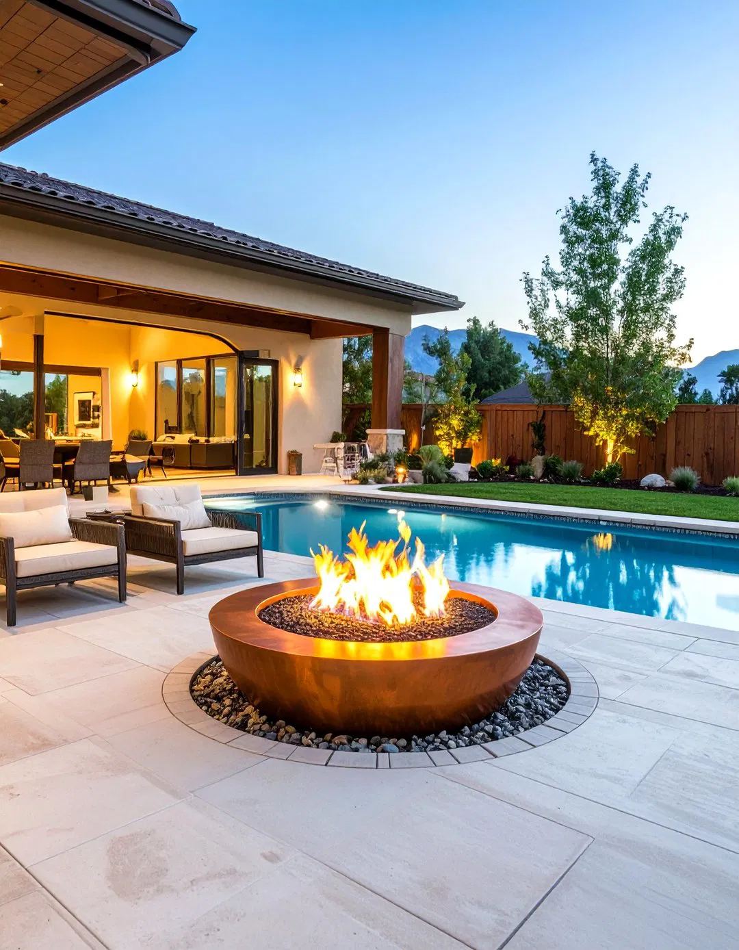 Fire Bowl Feature Near Rectangle Pool