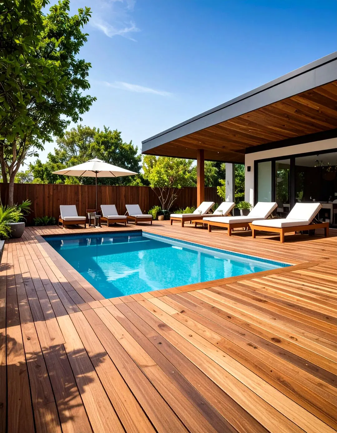 Wooden Deck Accents Around Rectangle Pool