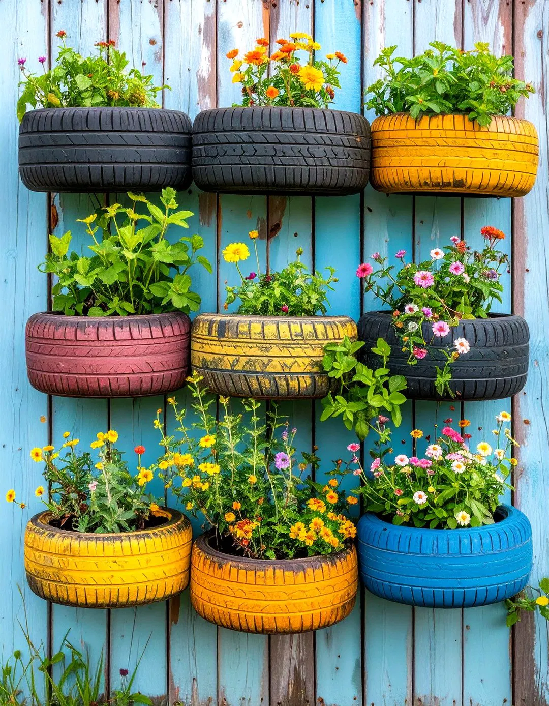 Wall-Mounted Tire Gardens