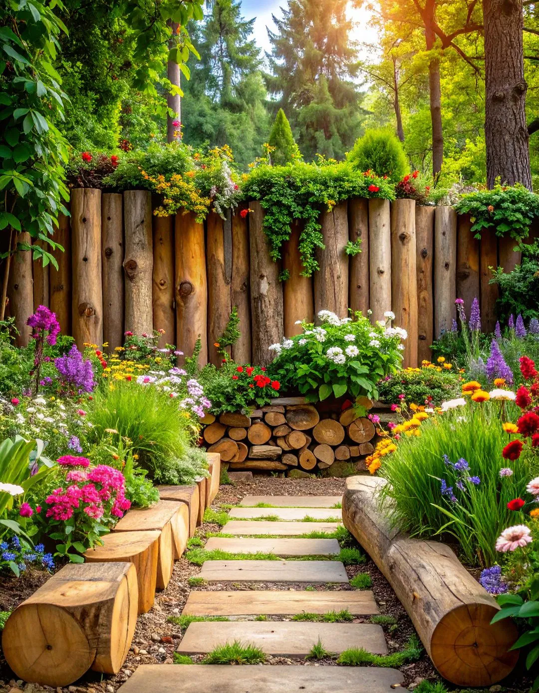 Reclaimed Log Garden Border
