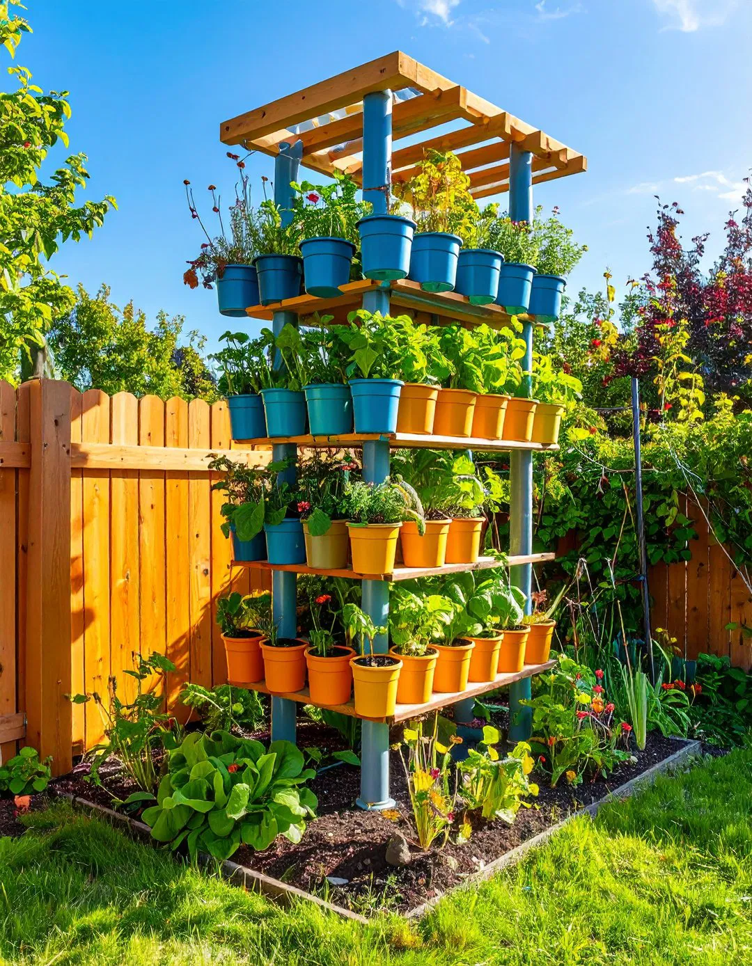 Vertical Tower Garden on Fence Posts