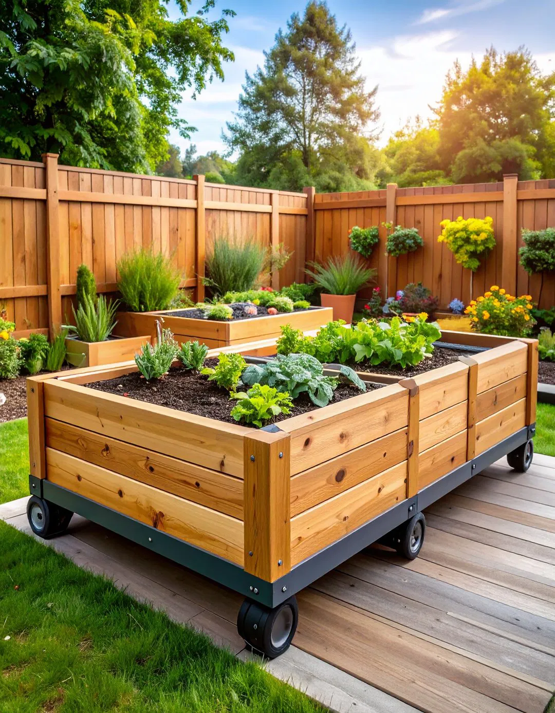 Mobile Raised Bed on Wheels with Fence Supports