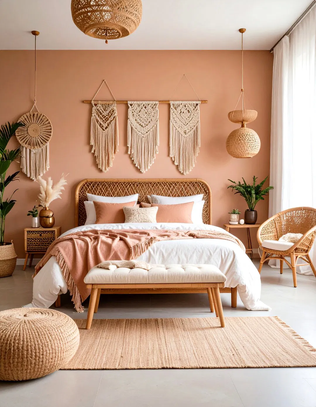 Boho-Chic Rose Gold Bedroom with Rattan Elements
