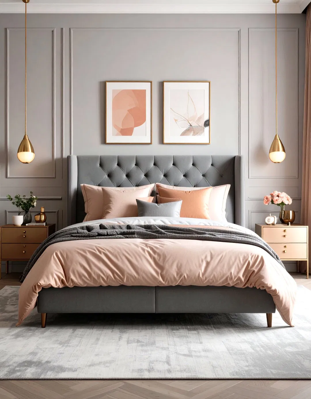 Contemporary Gray and Rose Gold Bedroom