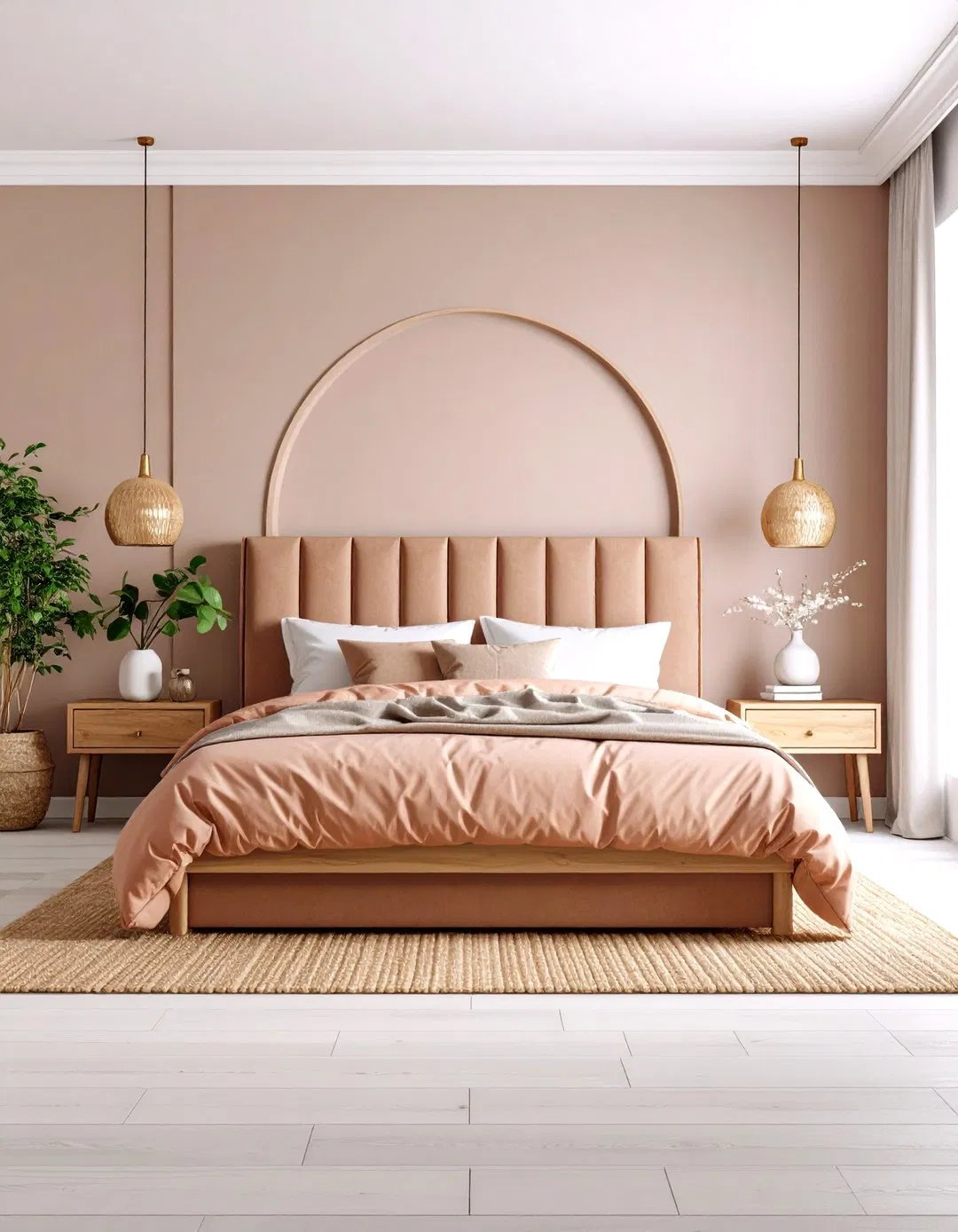 Scandinavian Rose Gold Bedroom with Natural Wood