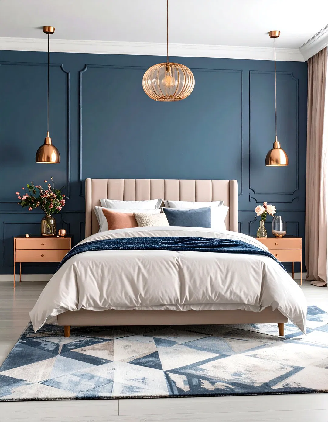 Striking Rose Gold and Navy Blue Bedroom