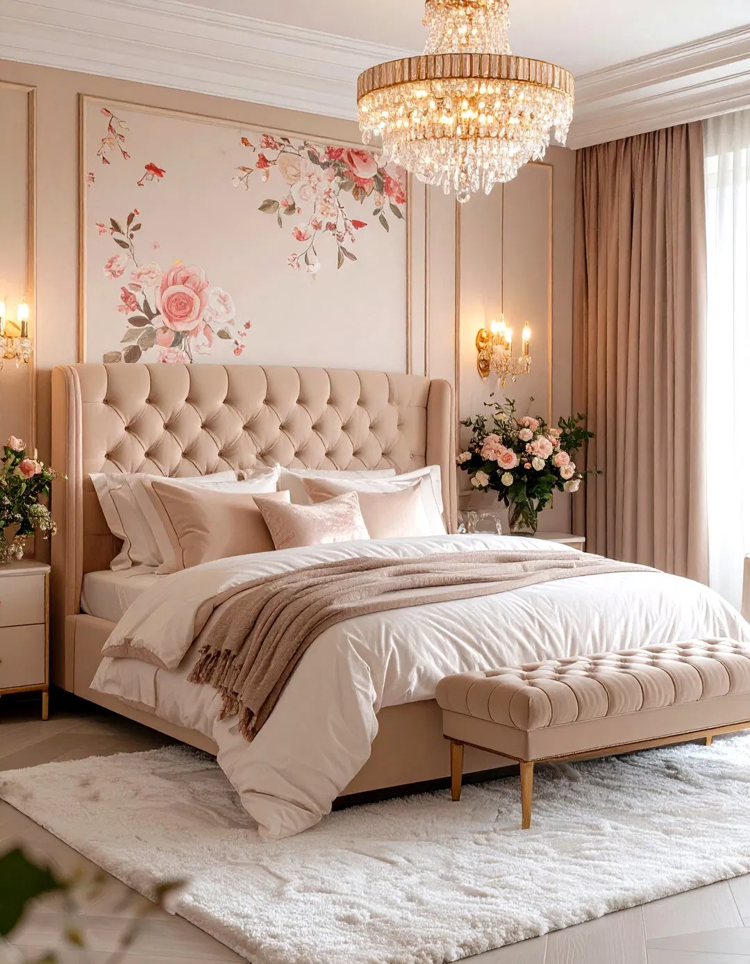 Romantic Rose Gold Bedroom with Floral Motifs