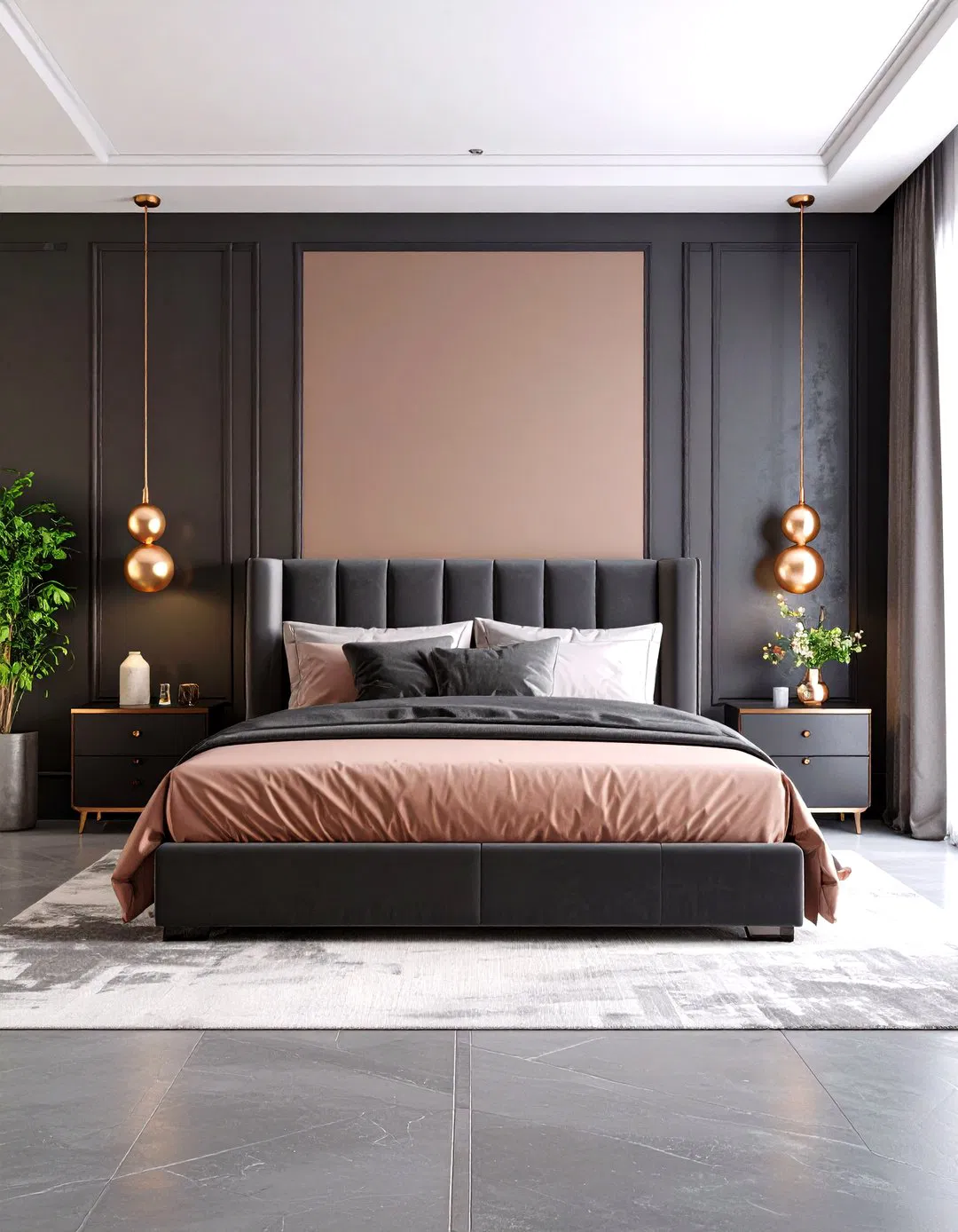 Contemporary Rose Gold and Charcoal Bedroom