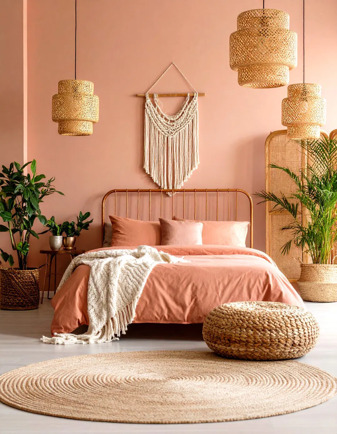 Boho Rose Gold Bedroom with Plants