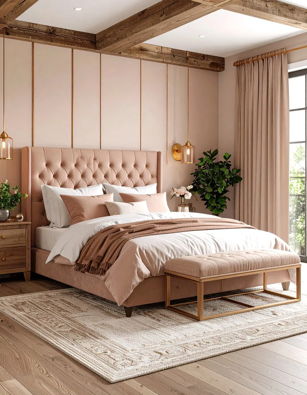 Rustic Rose Gold Bedroom with Wood Accents