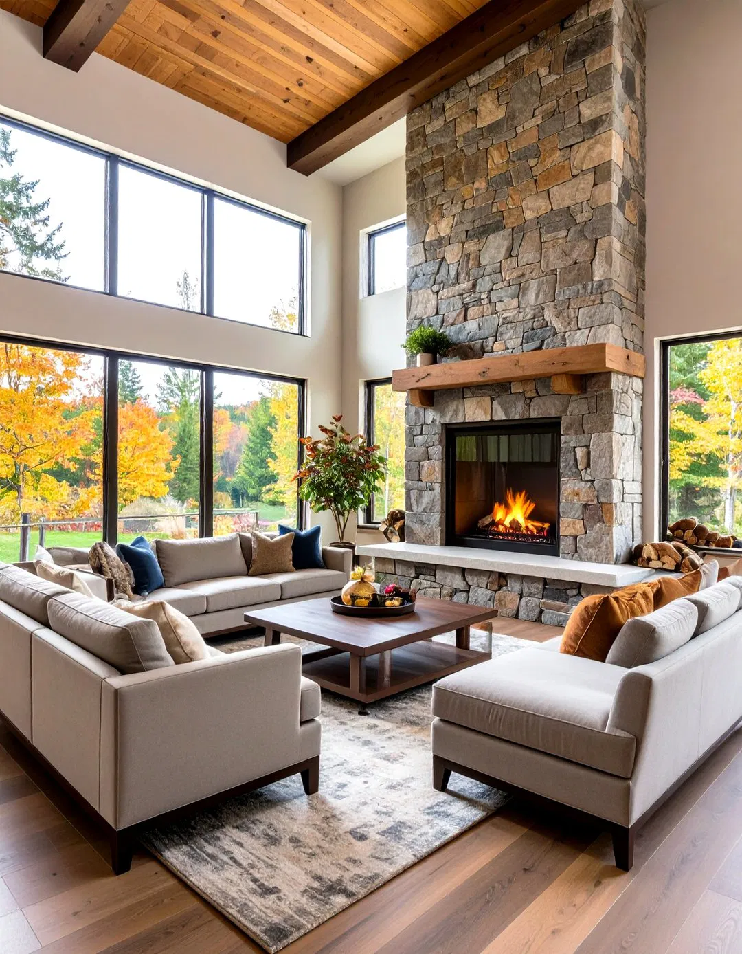 Central Fireplace Design with Horizontal Stone Hearth